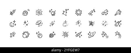 Cute line doodle space icons set. Hand drawn linear simple cosmic design elements. Rocket, sun, moon, planet, falling stars contour illustrations. Stock Vector