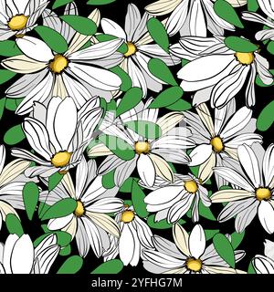 Seamless floral pattern with daisy flowers and leaves vector illustration Stock Vector