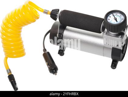 transportable 12 V car air compressor with tire pressure control, studio shot Stock Photo