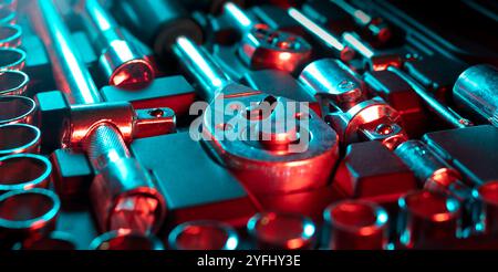 Socket wrench set toolbox - Professional chrome vanadium sockets, tools, wrenches, spanners and screwdriver bits tools organized in box. Stock Photo