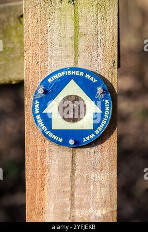 Direction sign on a wooden pole for Kingfisher Way hiking trail, Hertfordshire, England Stock Photo