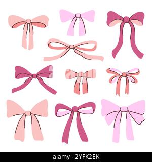 Collection of coquette pink ribbon bows. Hand-drawn contemporary vector illustration for decor and design Stock Vector