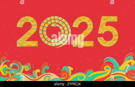 Chinese 2025 Year of the Snake festive colorful poster background Stock Vector