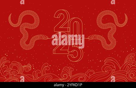 Chinese 2025 Year of the Snake festive red poster background Stock Vector