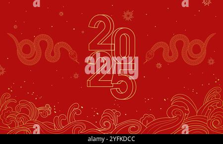 Chinese 2025 Year of the Snake festive red poster background Stock Vector