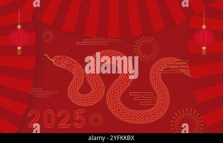 Chinese 2025 Year of the Snake festive red poster Stock Vector