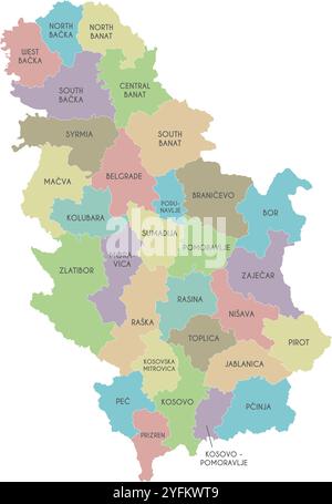 Vector regional map of Serbia with districts or territories and administrative divisions. Editable and clearly labeled layers. Stock Vector