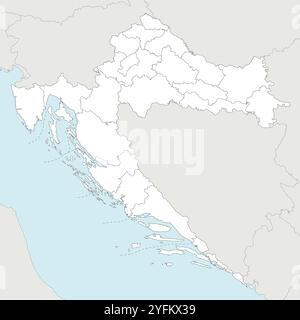 Vector regional blank map of Croatia with counties, capital city and administrative divisions, and neighbouring countries and territories. Editable an Stock Vector