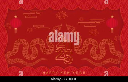 Chinese 2025 Year of the Snake festive red poster background Stock Vector