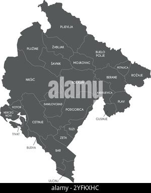 Vector regional map of Montenegro with municipalities and administrative divisions. Editable and clearly labeled layers. Stock Vector