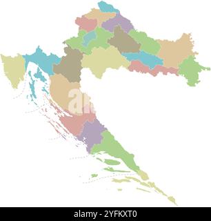 Vector regional blank map of Croatia with counties, capital city and administrative divisions. Editable and clearly labeled layers. Stock Vector