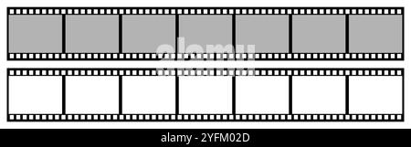 Two strips of vintage film reel one with gray frames and the other with blank white frames representing creative potential. Stock Vector