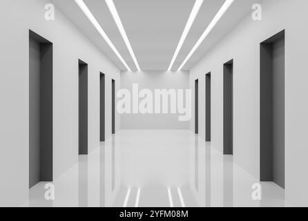A futuristic, modern white hallway corridor features bright ceiling lights and polished, glowing tile flooring. building interior, empty corridor for Stock Photo