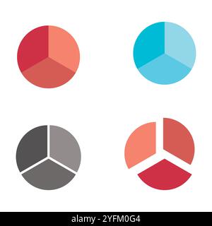 Four simple circular charts divided into three equal segments each presented in distinct color palettes for data visualization. Stock Vector
