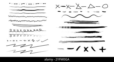 Collection of hand drawn black ink scribbles underlines doodles and geometric shapes on white background. Stock Vector