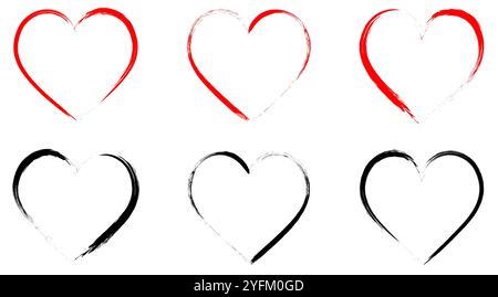 A collection of six abstract hand drawn heart shapes in red and black representing love romance and artistic expression on a clean white background. Stock Vector