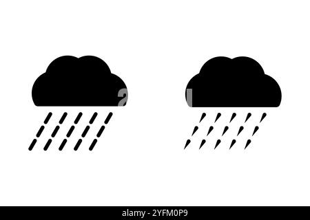 Two stylized black clouds depicted with falling rain lines representing weather forecasts and precipitation icons Stock Vector