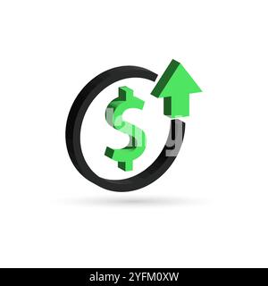 3d rendered icon depicting a green dollar sign within a circular arrow with a bright green upward pointing arrow indicating growth and increasing Stock Vector