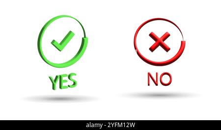 Two 3d rendered circular icons one green with a checkmark labeled yes and one red with an x labeled no on a white background Stock Vector