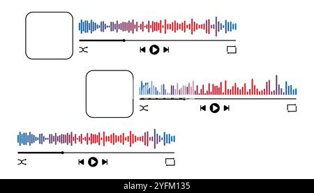 Music player interface. Sound wave icon, podcast player interface loading progress bar and buttons. Audio wave icon. Sound waves set. Stock Vector