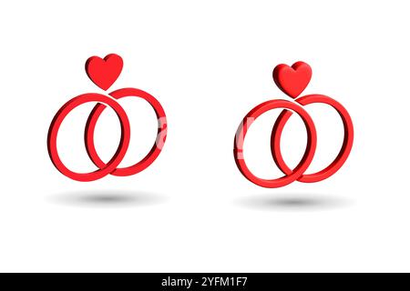 Two intertwined red wedding rings with a small red heart on top symbolizing love commitment and marriage on a white background with subtle shadows Stock Vector