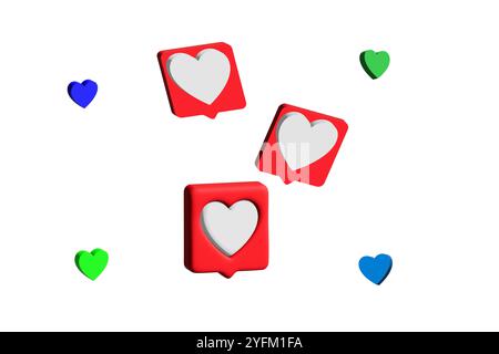 Colorful 3D Heart Icons in Various Shades, Perfect for Social Media Graphics. Stock Vector