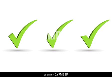 3D Green Check Mark or Tick Symbol Collection Vector. Stock Vector
