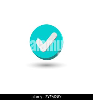 3D Check Mark or Tick Icon in Teal Circle with Shadow Vector. Stock Vector