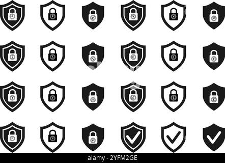 Seamless pattern of black and white shield icons with padlocks. Stock Vector