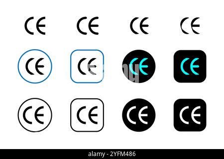 Collection of CE Marking Symbols in Various Colors and Shapes. Stock Vector
