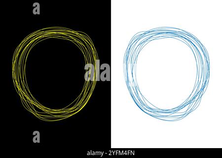 This image features two contrasting circular designs, one in vibrant yellow and the other in a cool blue, against a black and white background respect. Stock Vector