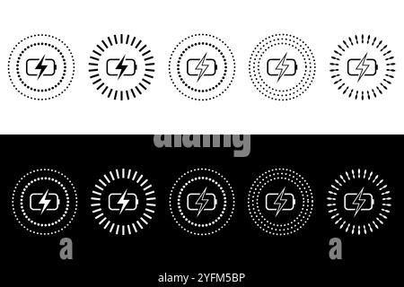 Charging Icons in Black and White with Dotted Backgrounds. Stock Vector