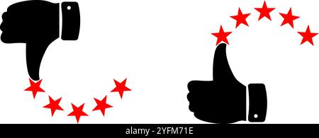 Thumbs up and thumbs down with red stars forming semicircles, symbolizing approval and disapproval ratings. Stock Vector