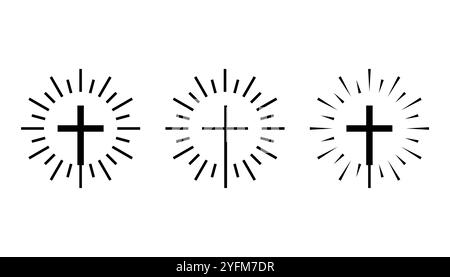 Three Christian Crosses with Radiant Burst Design. Stock Vector