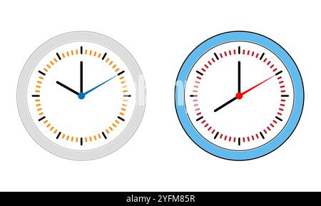 Two clocks showing the same time, one gray and one light blue. Stock Vector