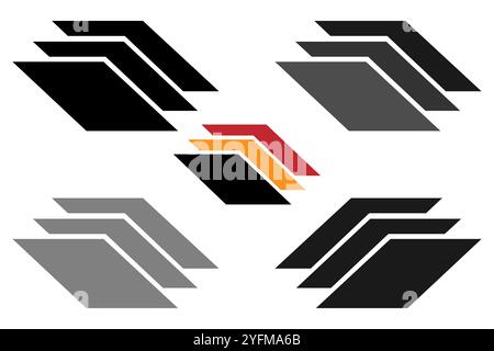 Abstract design with layered geometric shapes in various shades of gray and black with a pop of orange and red. Stock Vector