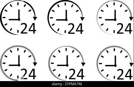 Set of 24-Hour Clock Icons for Business or Service Providers. Stock Vector