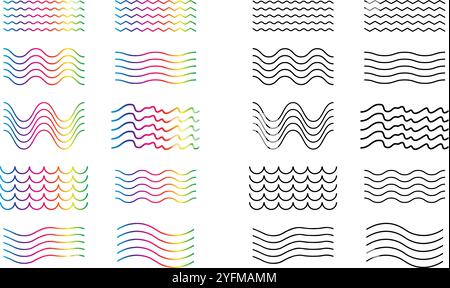 Collection of Colorful and Monochrome Wave Patterns. Stock Vector