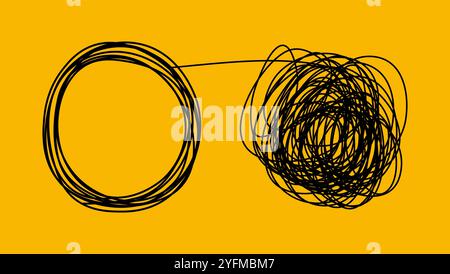 Tangle and untangle, psychotherapy and psychology concept problems solution vector line illustration. Stock Vector