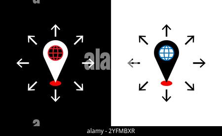 Global Connectivity: Two-color Map Pin Icon with Arrows. Stock Vector