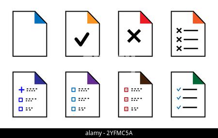 Set of Document Icons with Checkmarks and Crosses. Stock Vector
