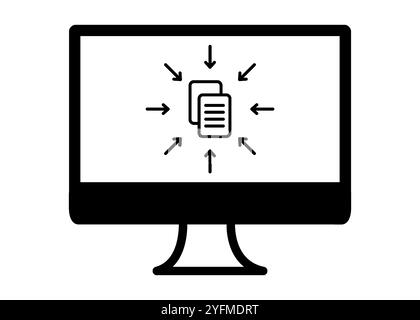 Computer screen displaying files with multiple arrows, representing data transfer. Stock Vector