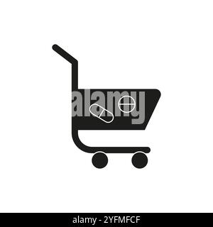 Shopping cart icon. Medicine symbol illustration. Black pill cart vector. Pharmacy purchase sign. Stock Vector