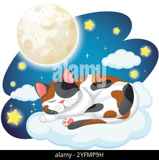 A cat sleeps peacefully on a fluffy cloud Stock Vector