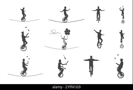 Person riding unicycle vectors, People riding unicycle silhouette, Circus unicycle silhouette, Circus unicycle, Circus juggler artist silhouette. Stock Vector
