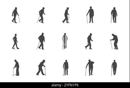 Old man with cane silhouette, Old man with stick vectors, Old man with a stick silhouette, Old man silhouette Stock Vector