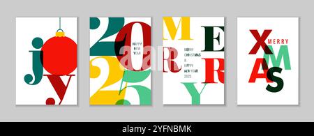 Happy New Year 2025 and modern Christmas colored posters. Vector typography design template with colorful 2025 numbers, xmas lettering and New Year Stock Vector
