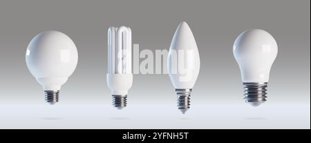 Turned off led light bulb collection. Realistic 3d vector illustration set of white economical electric energy power equipment of different types. Contemporary cfl illumination lamp lightbulb. Stock Vector