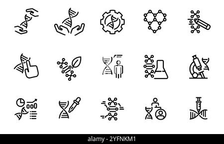 DNA gene editing research technology icon stroke line set collection of genomic sequencing modification genetic experiment ancestor Stock Vector