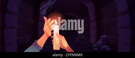 Hands holding burning candle illuminate dark medieval castle dungeon passage. First person perspective view with palm protecting flame in spooky stone corridor. Mysterious shadowy ancient atmosphere. Stock Vector